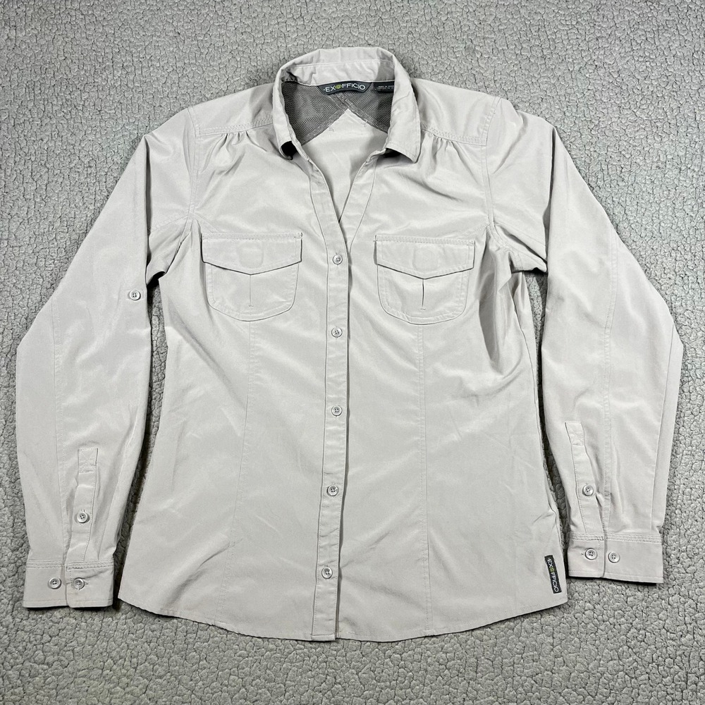 ExOfficio Womens Button Up Shirt Grey Vented Long Sleeve Hiking Size Medium